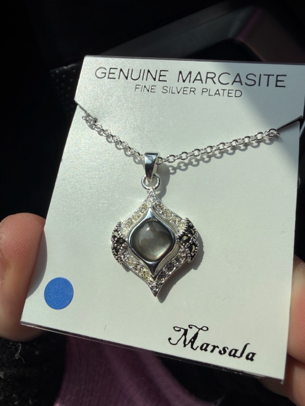 Marsala Silver-Plated Marcasite Necklace with Gray Stone